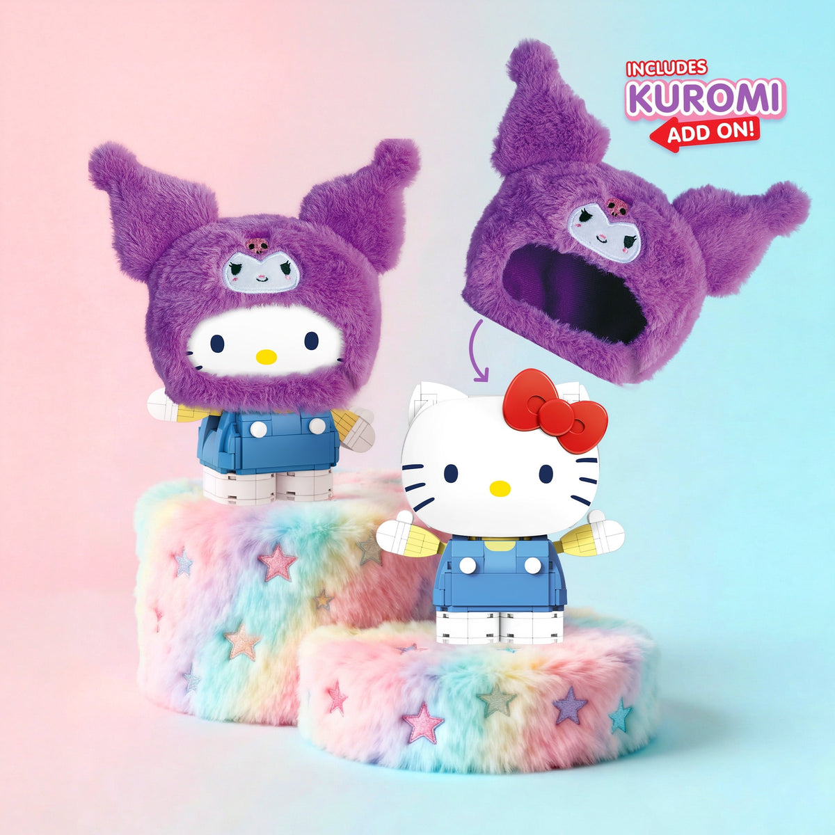 Brickcraft Hello Kitty and Friends Kuromi Fluffy Fit Building Kit (239-Piece Set), Sanrio Character Brick Toy with Fluffy Hood Accessory, Collectible Display Figure