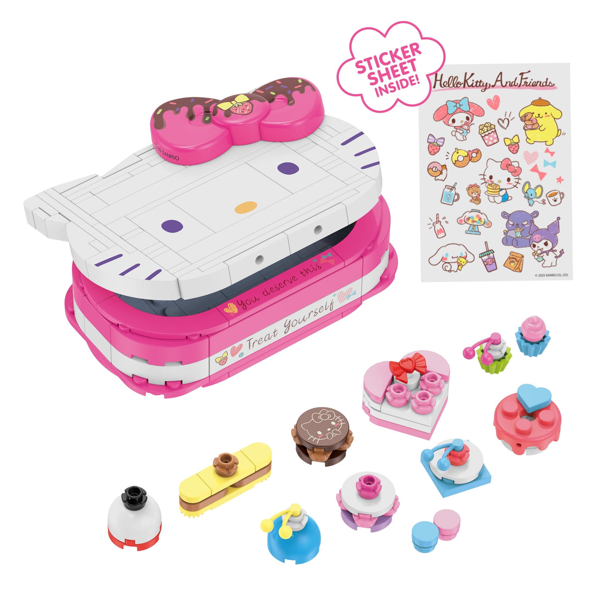 Brickcraft Hello Kitty Dessert Box Building Kit (184-Piece Set), Sanrio Buildable Sweets Set with Chocolate Bow Lid, Decorative Stickers, Ages 12+