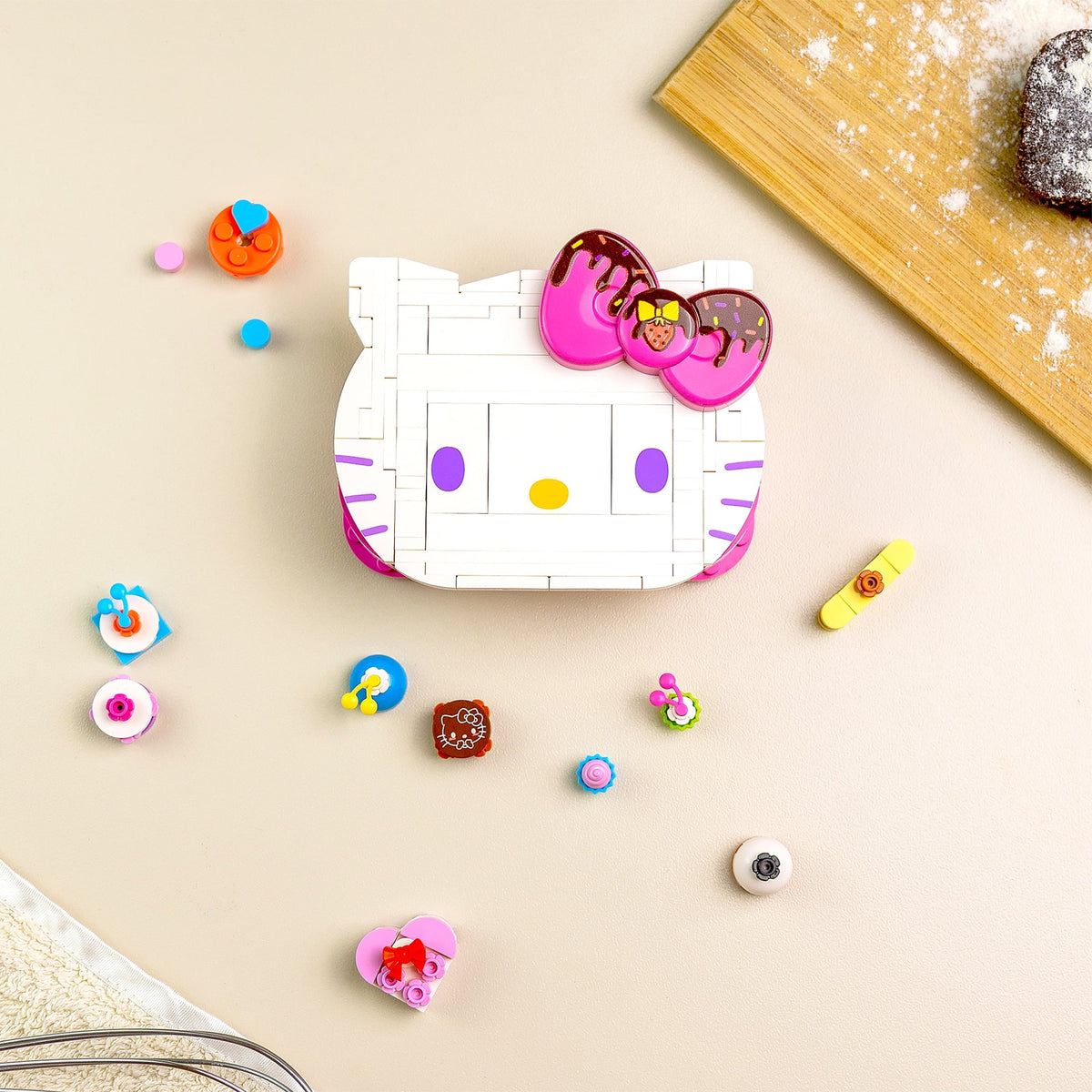 Brickcraft Hello Kitty Dessert Box Building Kit (184-Piece Set), Sanrio Buildable Sweets Set with Chocolate Bow Lid, Decorative Stickers, Ages 12+