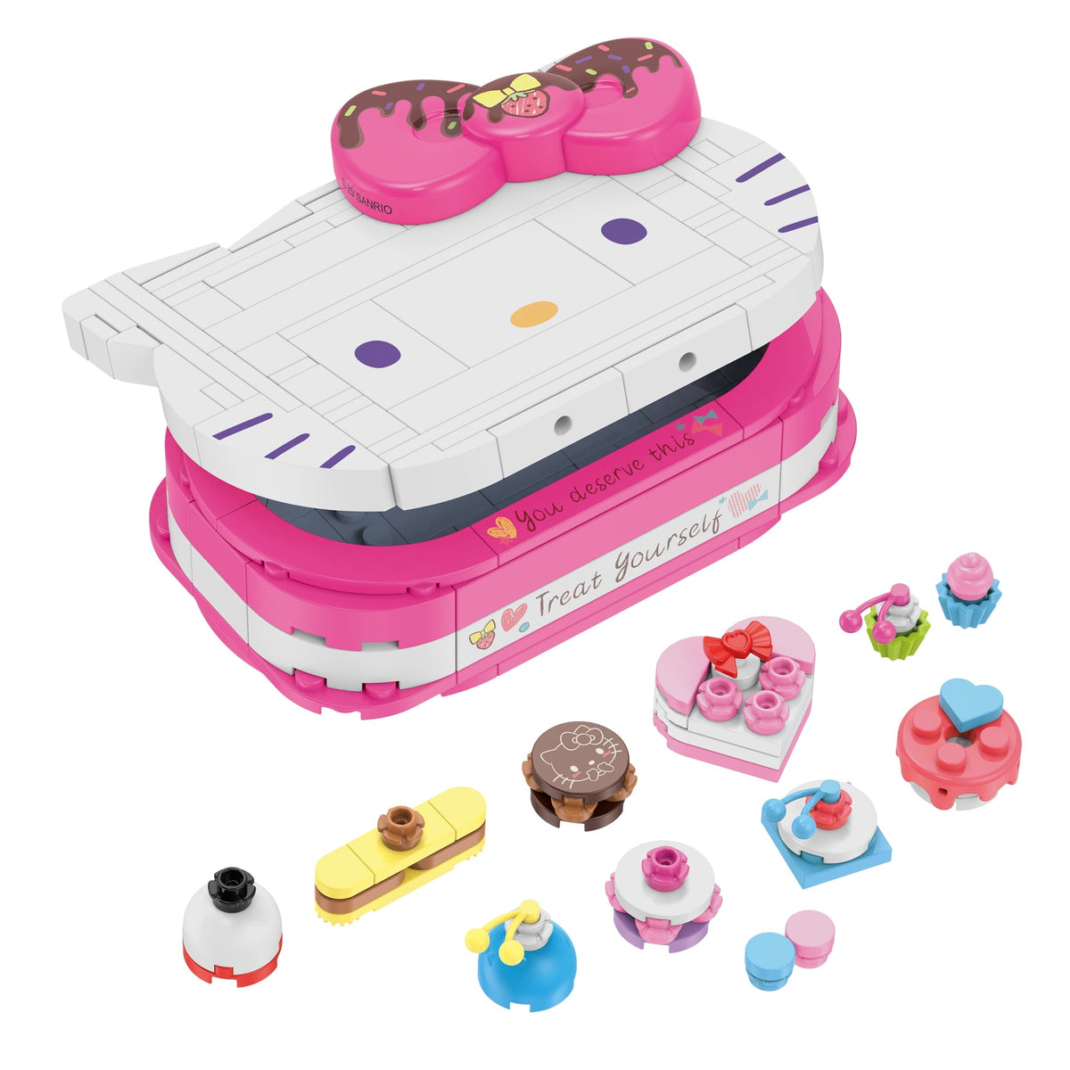 Brickcraft Hello Kitty Dessert Box Building Kit (184-Piece Set), Sanrio Buildable Sweets Set with Chocolate Bow Lid, Decorative Stickers, Ages 12+