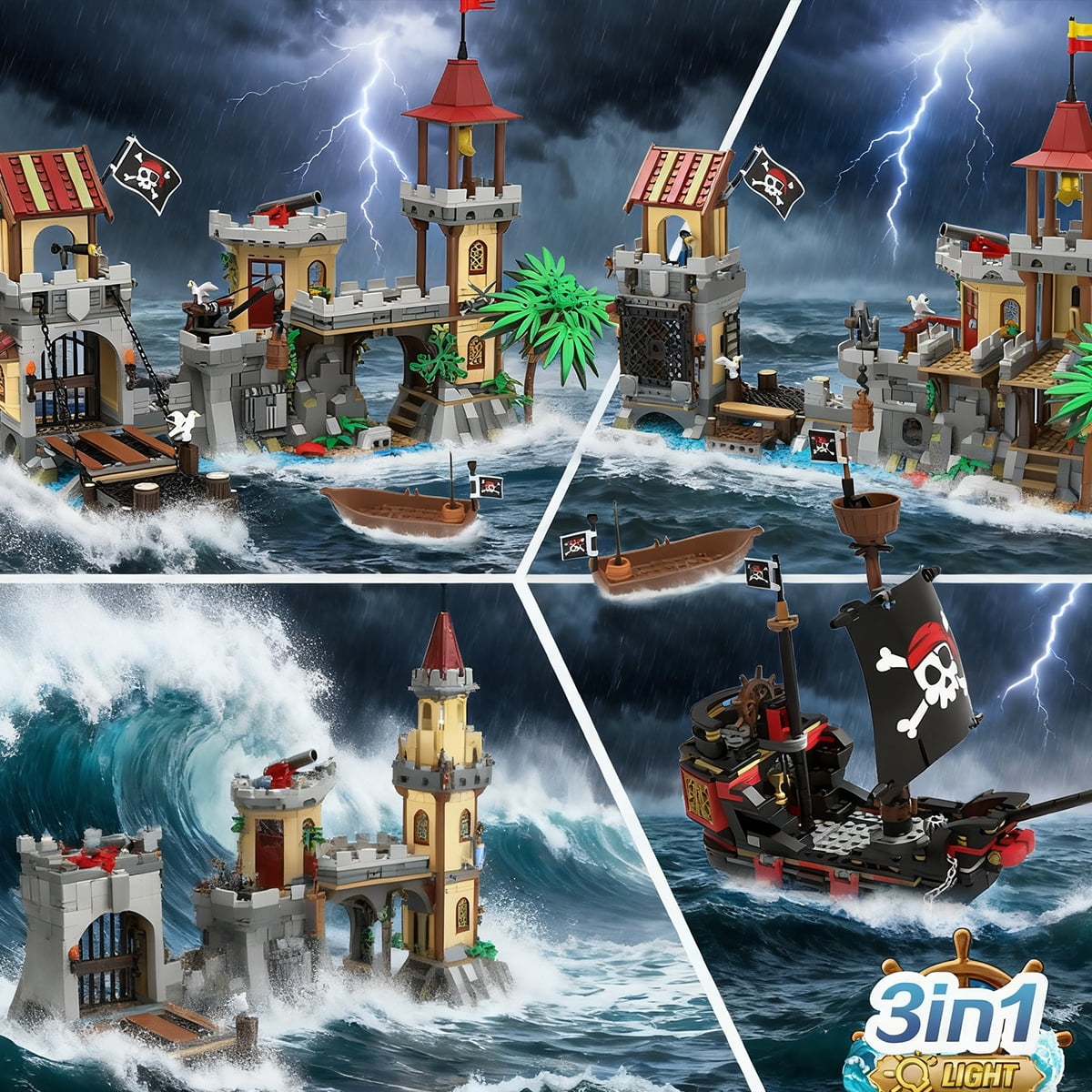 INSOON 1502-Piece Pirate Castle Building Set with LED Lights & 3 Modes, Transformable Ship Bay Model for Adults, Teens & Kids 10+