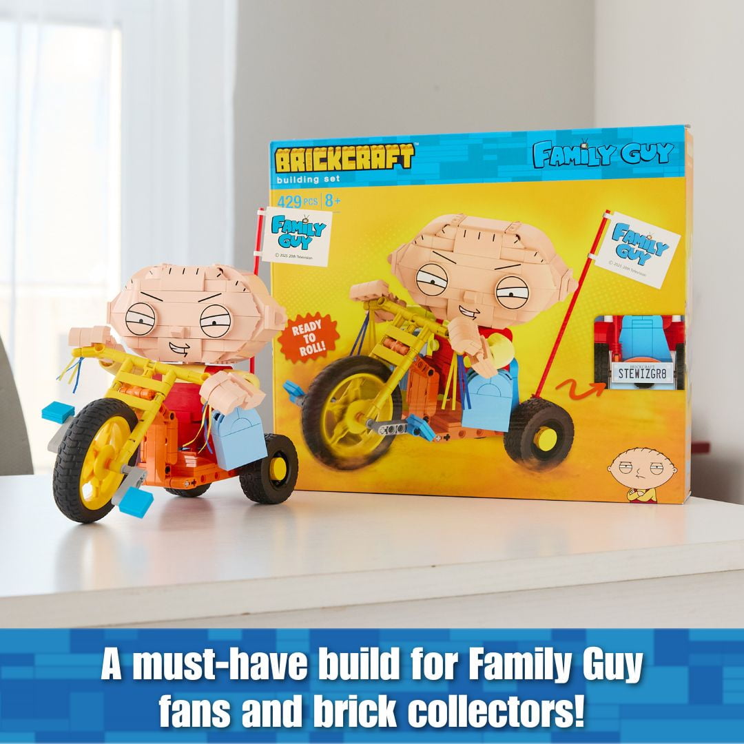 Brickcraft Family Guy Stewie on Trike Building Kit (429-Plastic Piece Set), Family Guy Collectible, TV Show Memorabilia, Gift For Fans Ages 8+