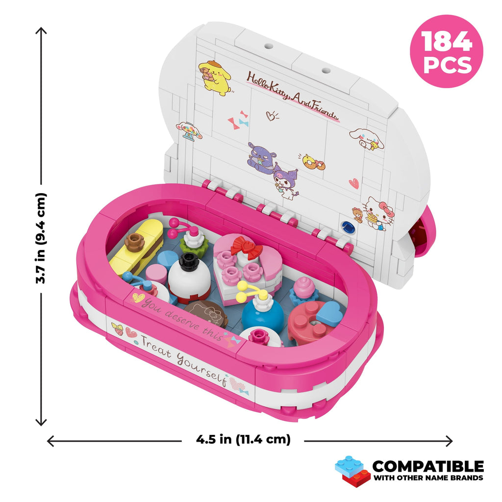 Brickcraft Hello Kitty Dessert Box Building Kit (184-Piece Set), Sanrio Buildable Sweets Set with Chocolate Bow Lid, Decorative Stickers, Ages 12+