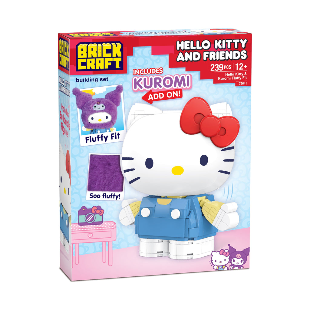 Brickcraft Hello Kitty and Friends Kuromi Fluffy Fit Building Kit (239-Piece Set), Sanrio Character Brick Toy with Fluffy Hood Accessory, Collectible Display Figure
