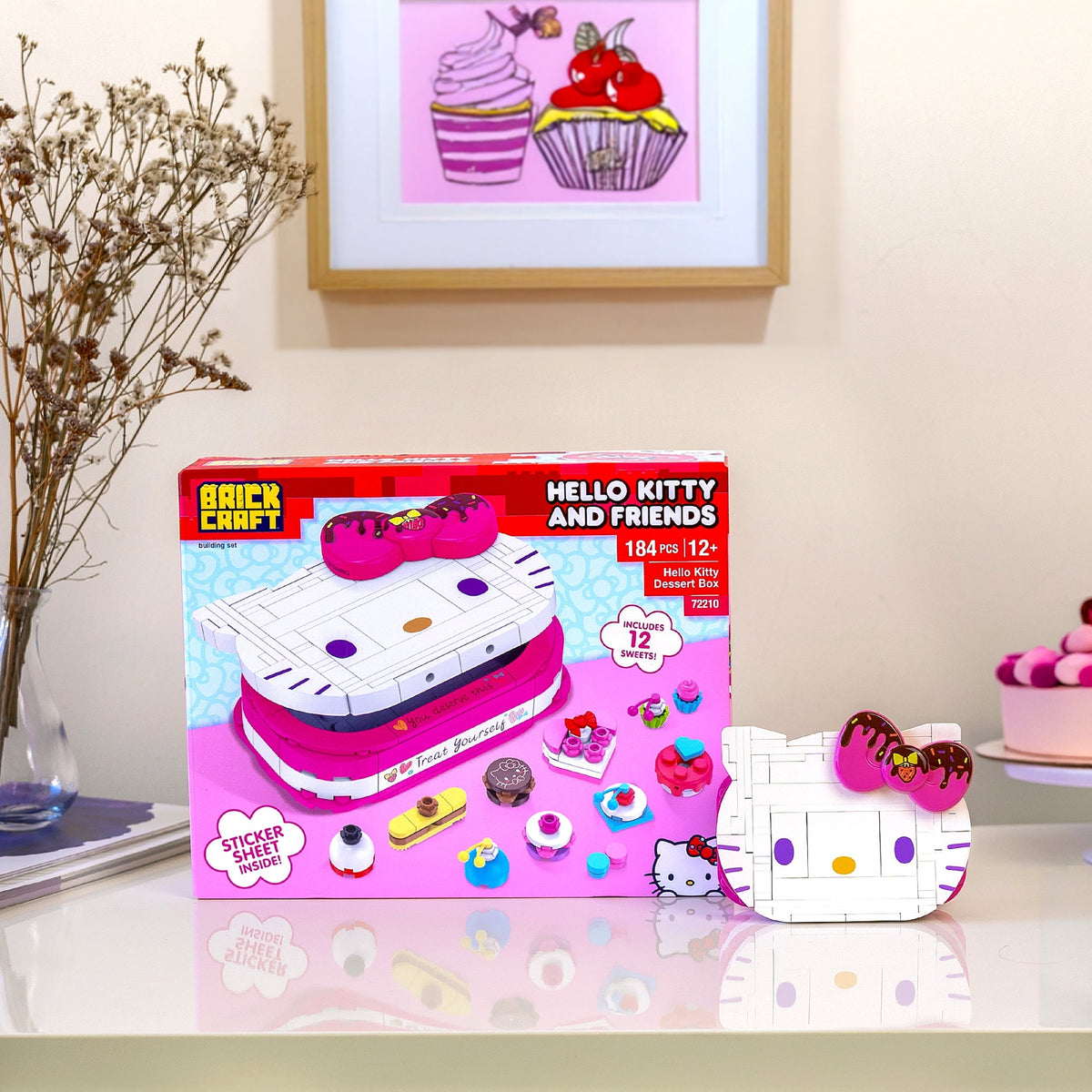 Brickcraft Hello Kitty Dessert Box Building Kit (184-Piece Set), Sanrio Buildable Sweets Set with Chocolate Bow Lid, Decorative Stickers, Ages 12+