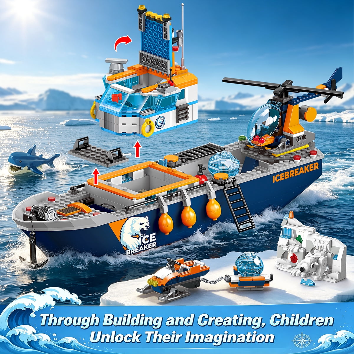 TERRAMUS Ocean Arctic Explorer Ship Building Set, 482 Pcs Polar Adventure Icebreaker Boat Building Blocks Kit with Helicopter, Snowmobile, and Animal Figures Toy for Kids Age 8+