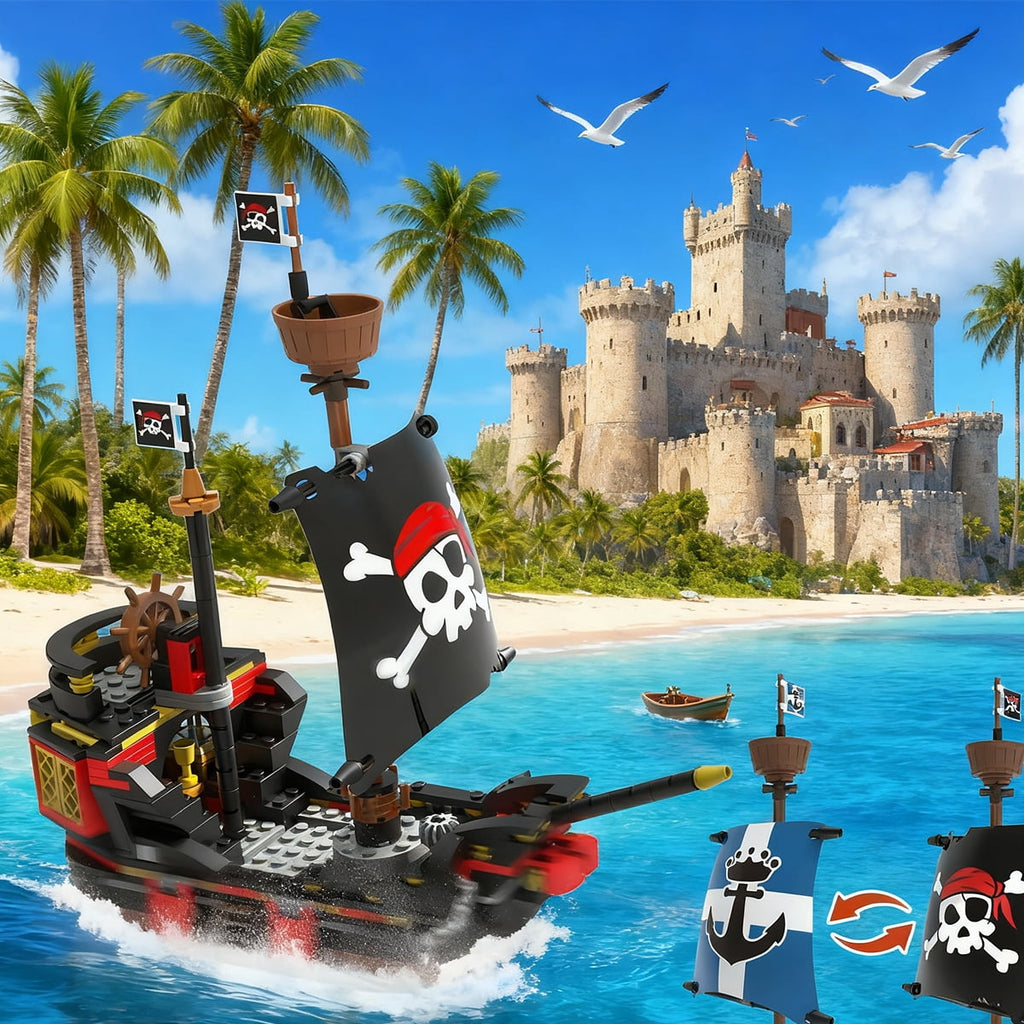 INSOON 1502-Piece Pirate Castle Building Set with LED Lights & 3 Modes, Transformable Ship Bay Model for Adults, Teens & Kids 10+