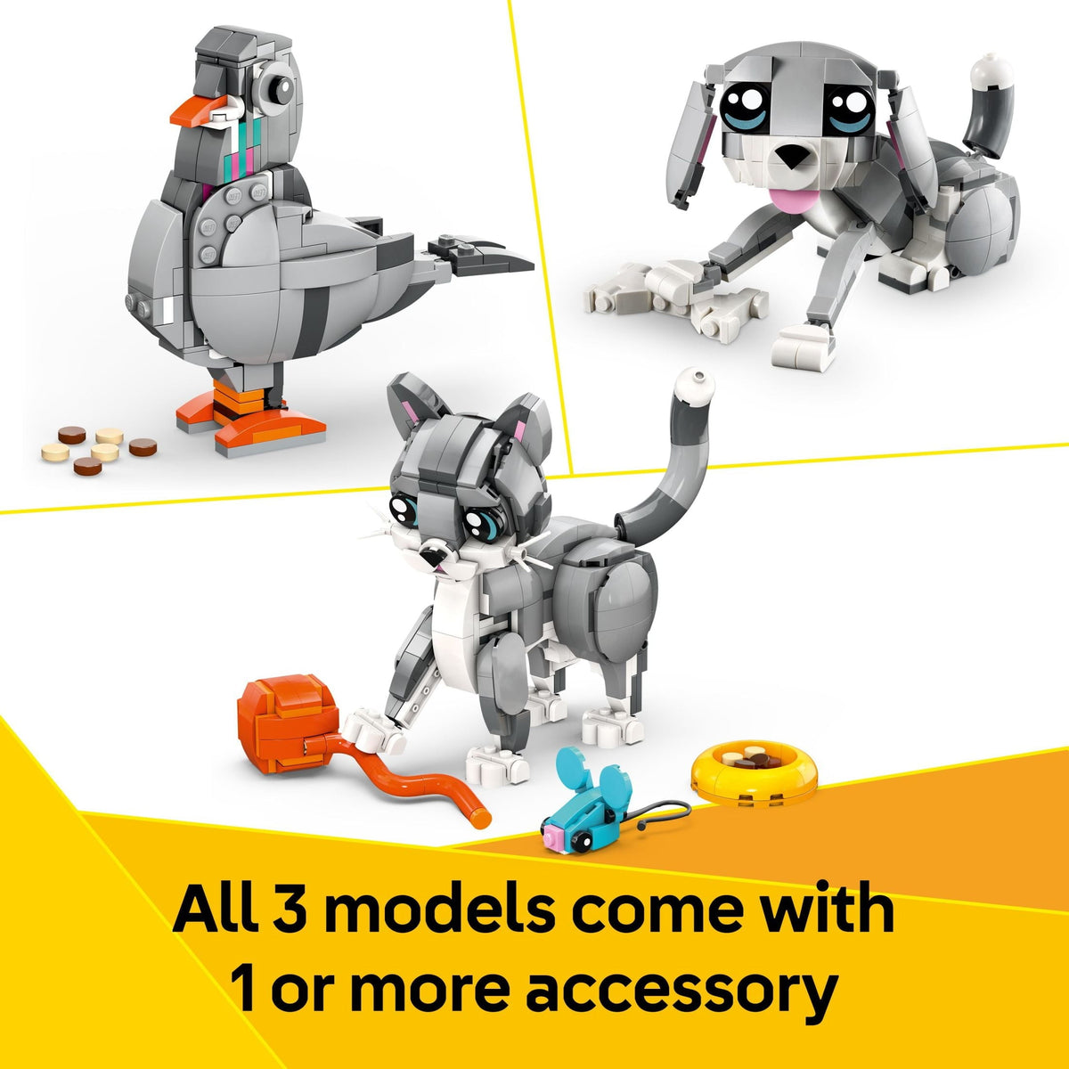 LEGO Creator 3in1 Playful Cat Toy - Building Toys W/ 3 Building Options, Cat, Dog, or Pigeon - Animal Figures for Kids, Girls & Boys, Ages 8+ - Gift Ideas for Birthday - 31163