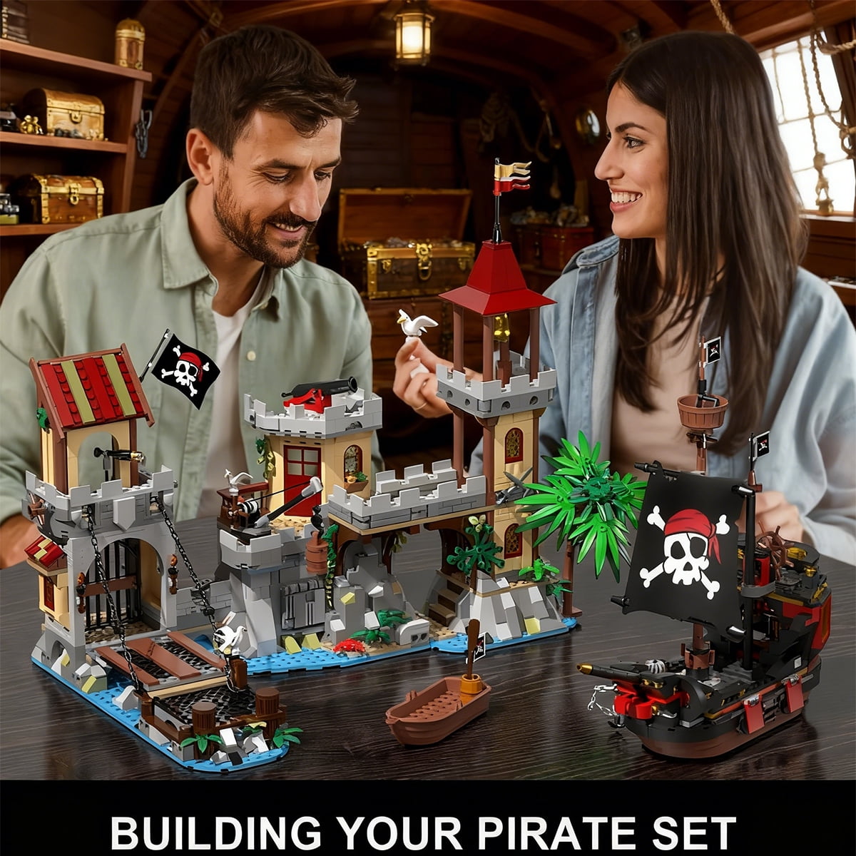 INSOON 1502-Piece Pirate Castle Building Set with LED Lights & 3 Modes, Transformable Ship Bay Model for Adults, Teens & Kids 10+