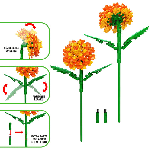 Brickcraft Bricktanicals Marigold Brick Building Set (99- Plastic Piece Set), Artificial Flower Decoration Craft Kit, Gift for Him and Her