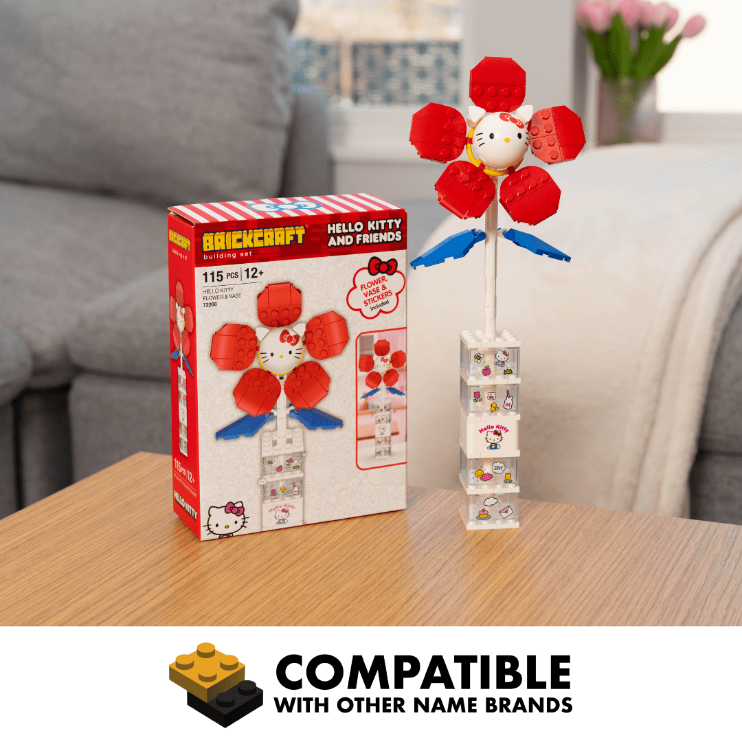 Brickcraft Hello Kitty Flower & Vase Building Kit (115 Plastic Pieces), Sanrio Hello Kitty Collection, Floral Decoration & Modular Vase Bouquet, Cute Home Décor