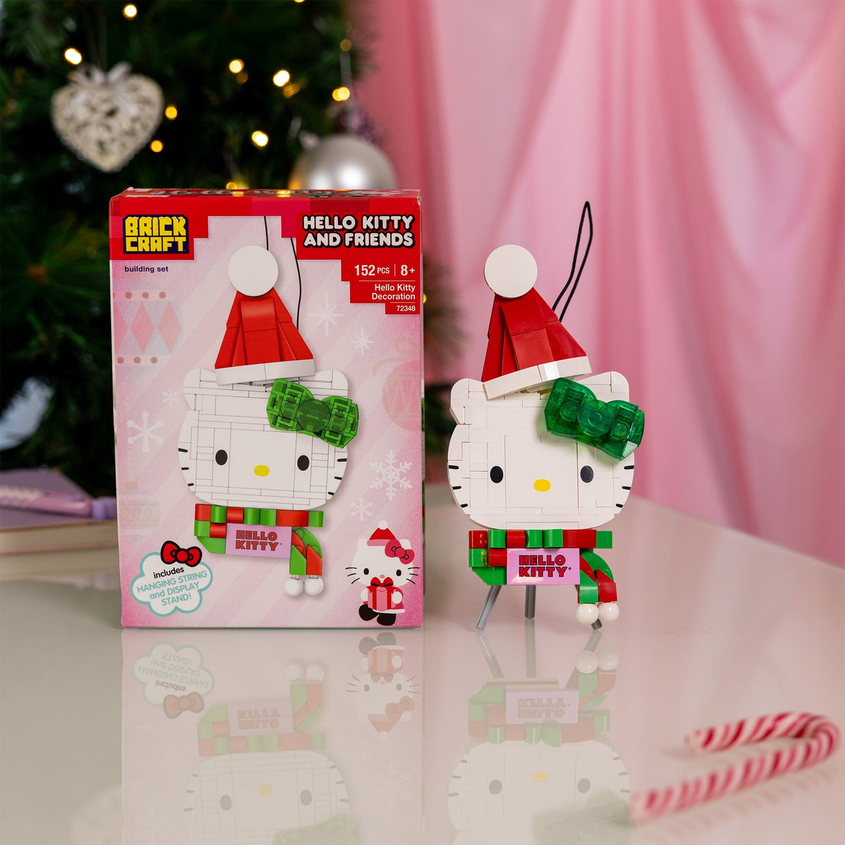 Brickcraft Hello Kitty Decoration Building Kit (152- Plastic Piece Set), Holiday Hello Kitty Brick Display, Collectible Sanrio Decoration with Stand